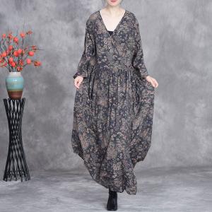 V-Neck Dense Printed High Waist Maxi Wrap Dress
