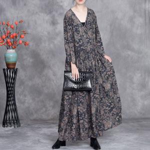 V-Neck Dense Printed High Waist Maxi Wrap Dress
