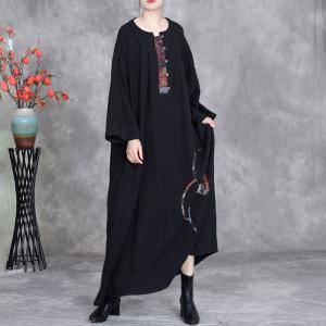 Folk Patchwork Plus Size Black Linen Caftan Dress