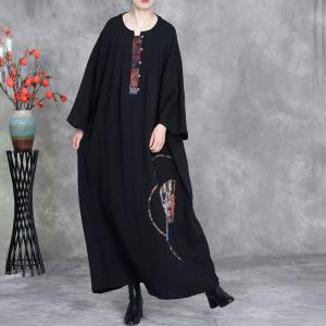 Folk Patchwork Plus Size Black Linen Caftan Dress