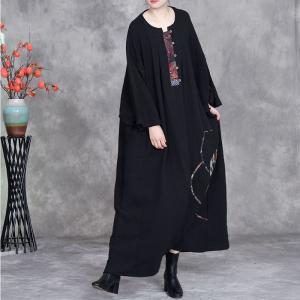 Folk Patchwork Plus Size Black Linen Caftan Dress