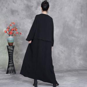 Folk Patchwork Plus Size Black Linen Caftan Dress