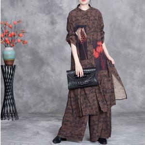 Tulip Patterned Silky Tunic with Wide Leg Pants Sets