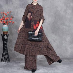 Tulip Patterned Silky Tunic with Wide Leg Pants Sets