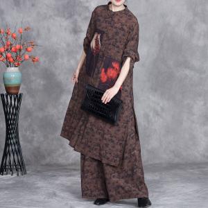 Tulip Patterned Silky Tunic with Wide Leg Pants Sets