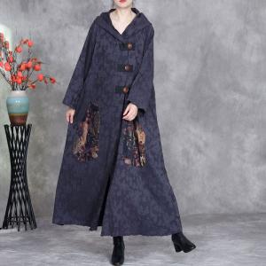 Ethnic Patchwork Big Buttons Cotton Linen Hooded Coat
