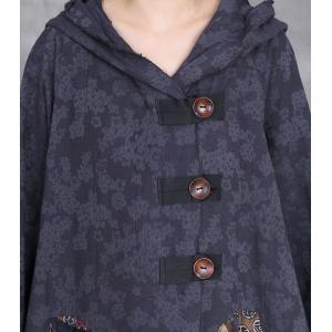 Ethnic Patchwork Big Buttons Cotton Linen Hooded Coat