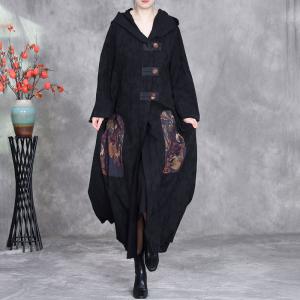 Ethnic Patchwork Big Buttons Cotton Linen Hooded Coat