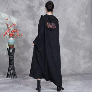 Ethnic Patchwork Big Buttons Cotton Linen Hooded Coat
