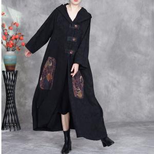 Ethnic Patchwork Big Buttons Cotton Linen Hooded Coat