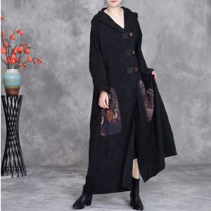 Ethnic Patchwork Big Buttons Cotton Linen Hooded Coat