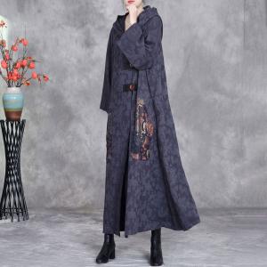 Ethnic Patchwork Big Buttons Cotton Linen Hooded Coat