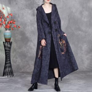 Ethnic Patchwork Big Buttons Cotton Linen Hooded Coat