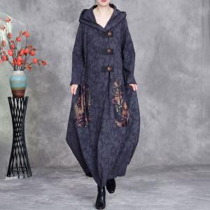 Ethnic Patchwork Big Buttons Cotton Linen Hooded Coat