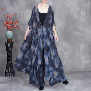 Blue Patterned V-Neck Silky Cardigan with Loose Palazzo Pants