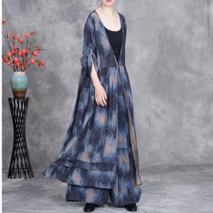 Blue Patterned V-Neck Silky Cardigan with Loose Palazzo Pants