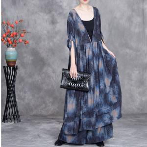Blue Patterned V-Neck Silky Cardigan with Loose Palazzo Pants