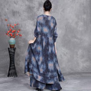 Blue Patterned V-Neck Silky Cardigan with Loose Palazzo Pants