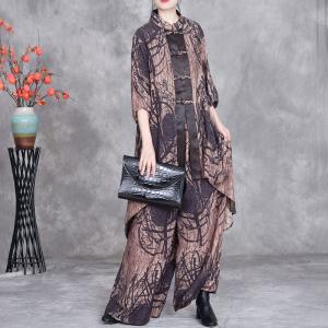 Flowing Chinese Pankou Tunic with Printed Silk Pants