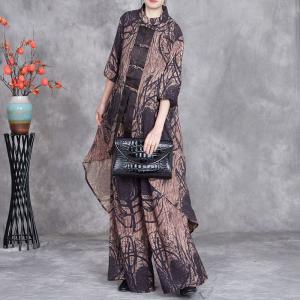 Flowing Chinese Pankou Tunic with Printed Silk Pants