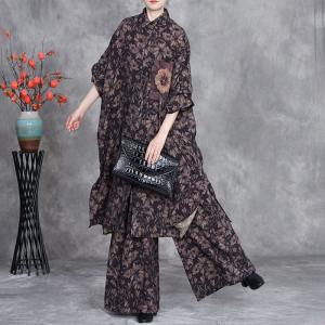 Patched Pocket Printed Tunic Cardigan with Wide Leg Pants