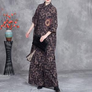 Patched Pocket Printed Tunic Cardigan with Wide Leg Pants