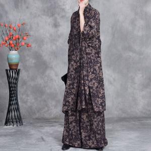 Patched Pocket Printed Tunic Cardigan with Wide Leg Pants