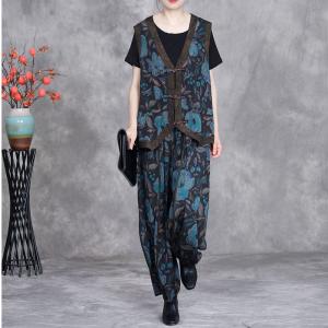 Oriental Style Frig Buttons Vest with Blue Printed Loose Pants