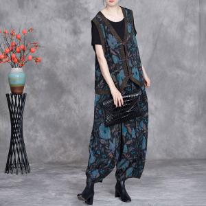Oriental Style Frig Buttons Vest with Blue Printed Loose Pants