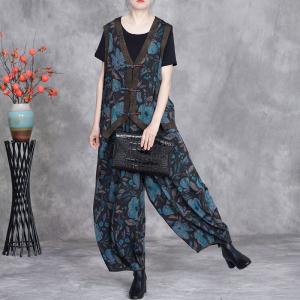 Oriental Style Frig Buttons Vest with Blue Printed Loose Pants