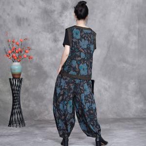 Oriental Style Frig Buttons Vest with Blue Printed Loose Pants