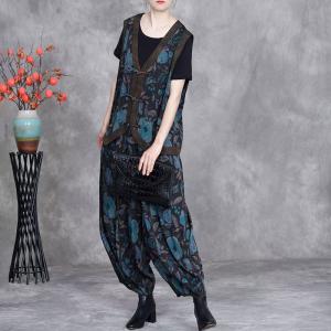 Oriental Style Frig Buttons Vest with Blue Printed Loose Pants