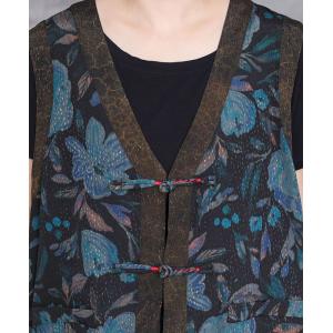 Oriental Style Frig Buttons Vest with Blue Printed Loose Pants