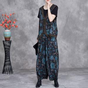 Oriental Style Frig Buttons Vest with Blue Printed Loose Pants
