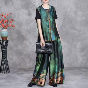 Frog Buttons Green Glittering Waistcoat with Printed Silk Pants
