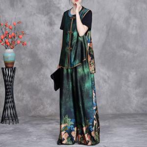 Frog Buttons Green Glittering Waistcoat with Printed Silk Pants