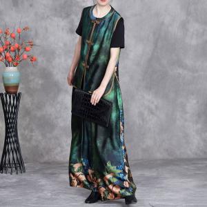 Frog Buttons Green Glittering Waistcoat with Printed Silk Pants