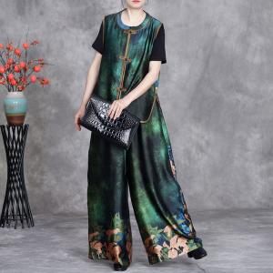 Frog Buttons Green Glittering Waistcoat with Printed Silk Pants
