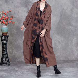 Oversized Coffee Printed Linen Cocoon Cardigan