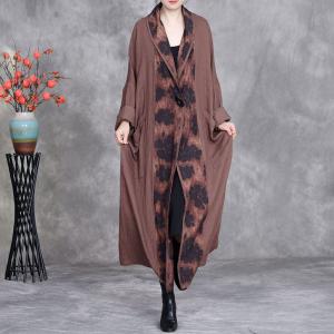 Oversized Coffee Printed Linen Cocoon Cardigan
