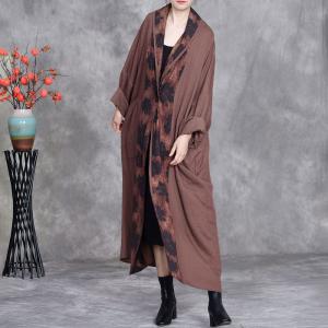 Oversized Coffee Printed Linen Cocoon Cardigan