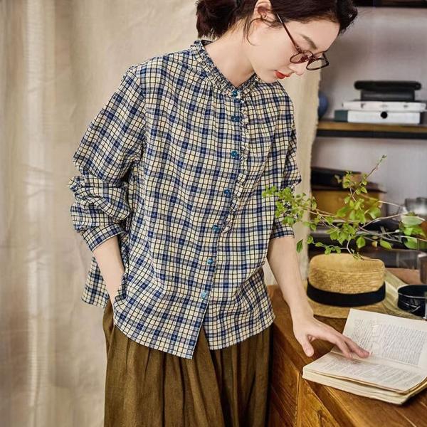 Blue Long Sleeves Designer Gingham Blouse