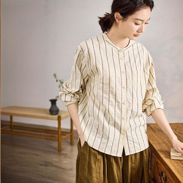 Y-Neck Striped Cotton Jacquard Peasant Blouse