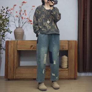 Casual Flowers Printed Cotton Hoodless Sweatshirt
