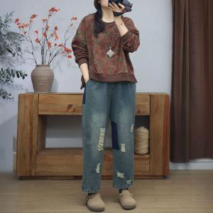 Casual Flowers Printed Cotton Hoodless Sweatshirt