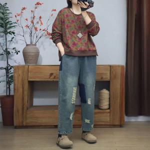 Casual Flowers Printed Cotton Hoodless Sweatshirt