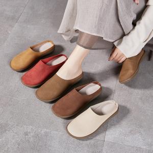Round Toe Leather Beach Flat Slippers