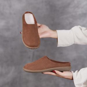 Round Toe Leather Beach Flat Slippers