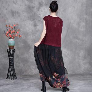 White Flowers Patchwork Kitting Flowing Vest Dress