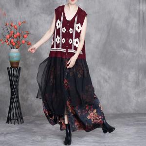 White Flowers Patchwork Kitting Flowing Vest Dress